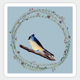 Little bird with wreath and egg blue background Sticker